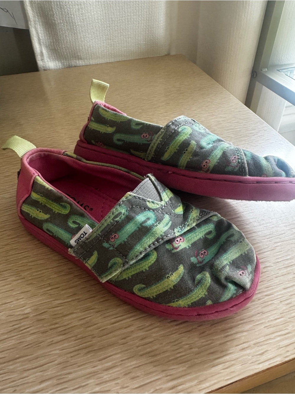 TOMS Toddler Slip-On Shoe in Green Crocodile Print with Pink Trim